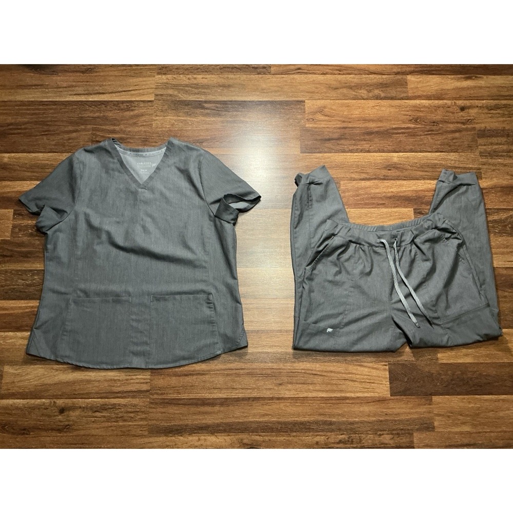 Fabletics Women's Scrub Set Gray V-Neck TOP XXL/1X & Tapered Cuff BOTTOM XL